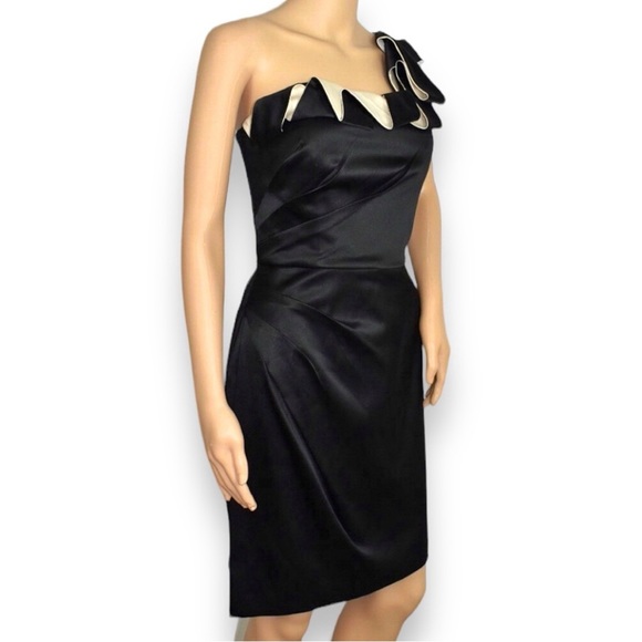 Max and Cleo Ruffle One Shoulder Cocktail Dress Black / Cream Size Small - Picture 3 of 11